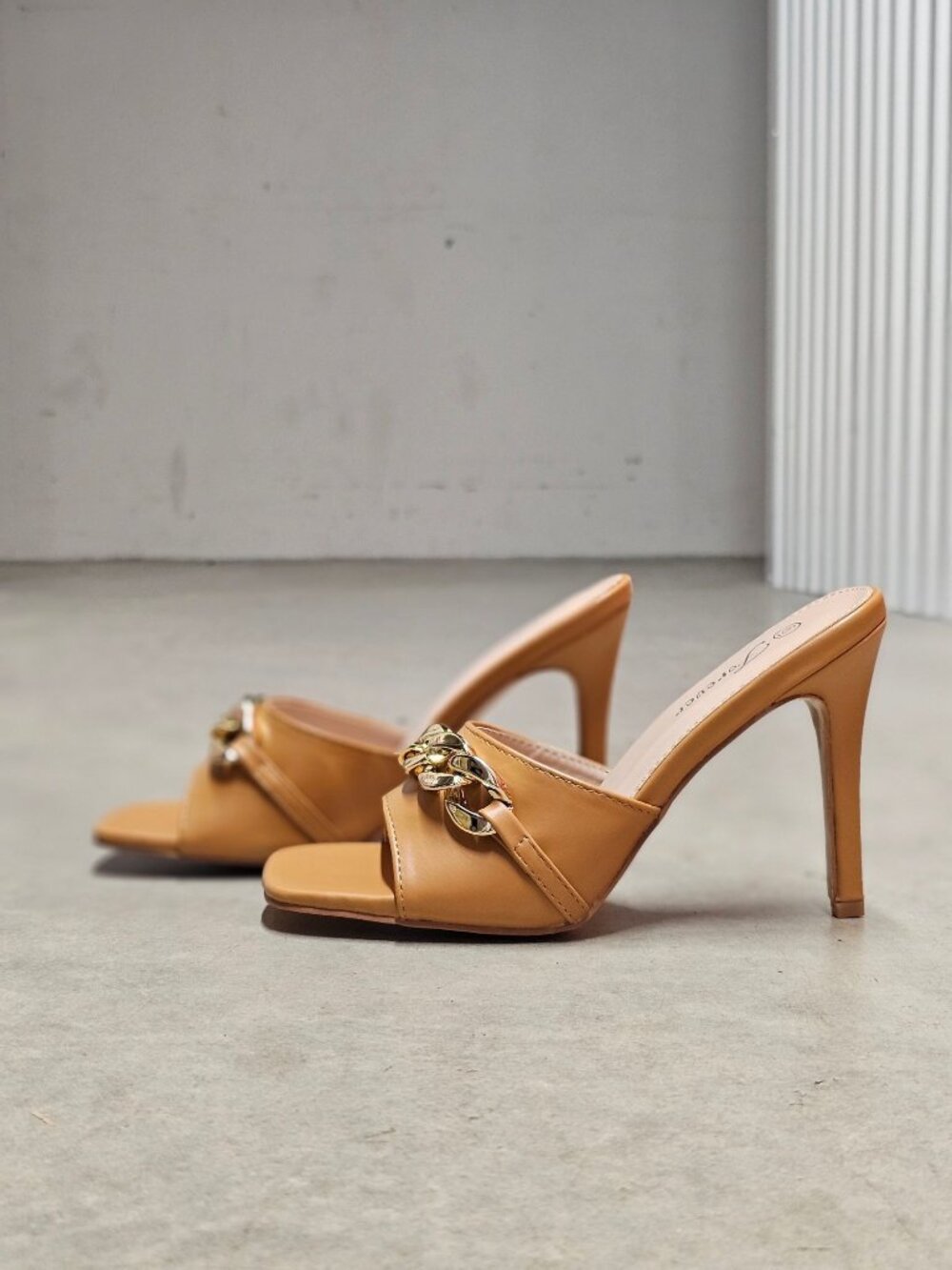 Tan Open-Toe Stiletto Heels With Gold Chain Detail - Picture 13 of 16